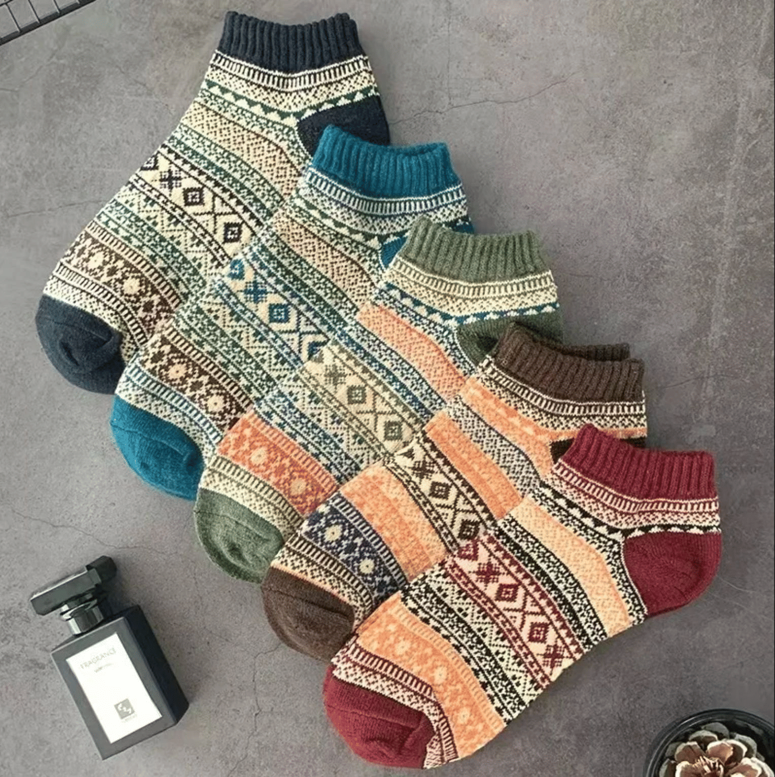 5-Pack Vintage Ethnic Tribal Patterned Warm Cotton Ankle Socks for Men & Women