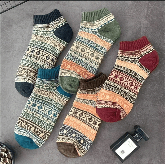 5-Pack Vintage Ethnic Tribal Patterned Warm Cotton Ankle Socks for Men & Women