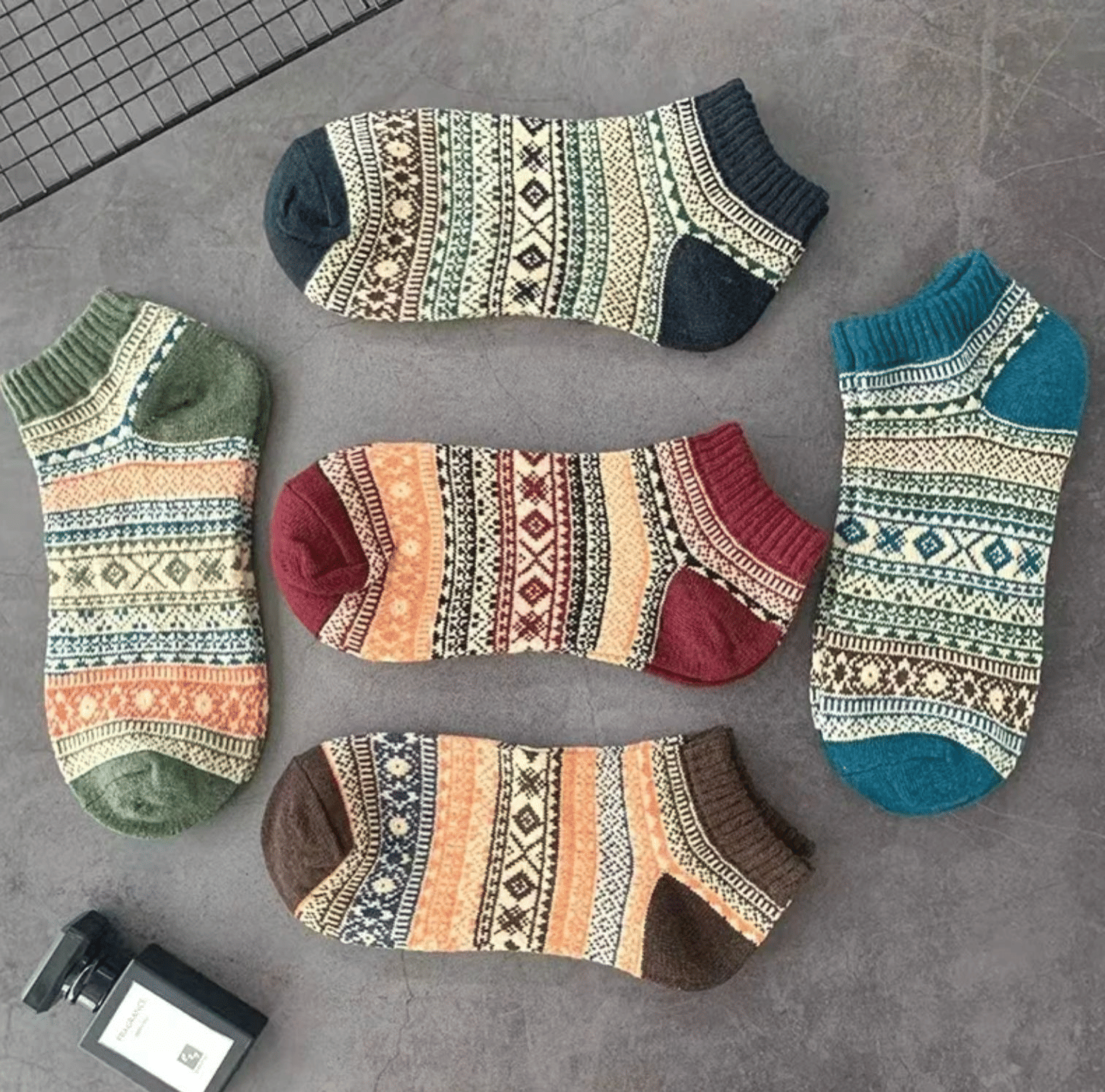 5-Pack Vintage Ethnic Tribal Patterned Warm Cotton Ankle Socks for Men & Women