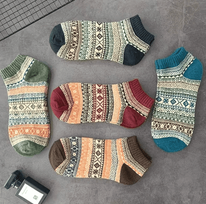 5-Pack Vintage Ethnic Tribal Patterned Warm Cotton Ankle Socks for Men & Women