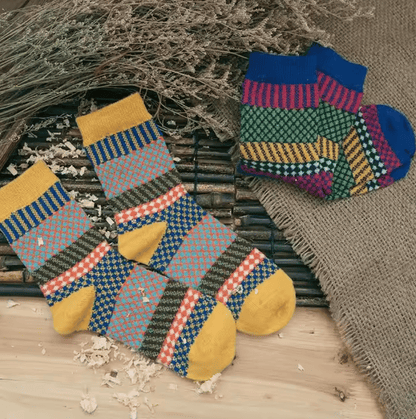 3-Pack Vintage Tribal Patchwork Socks: Harajuku Style Retro Warm Winter Crew Socks