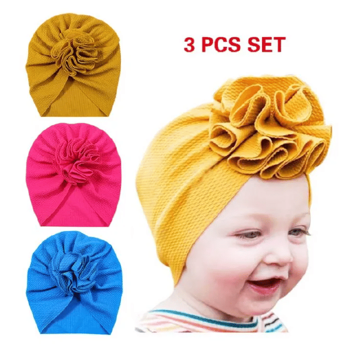 3-Pack Cute Floral Baby Turban & Beanie Caps for 0-18m Infant Girls