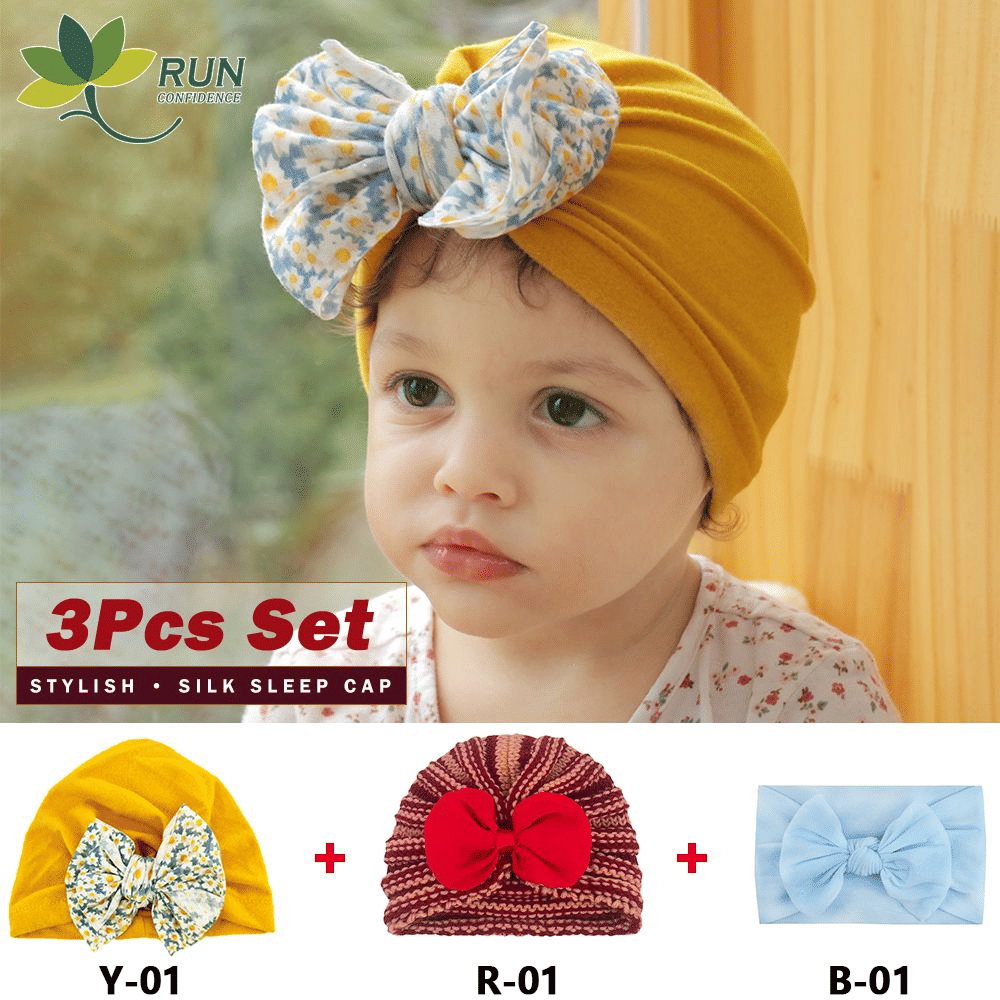 Soft Elastic Nylon Baby Headbands Turban Headwraps with Bows (3-Pack)