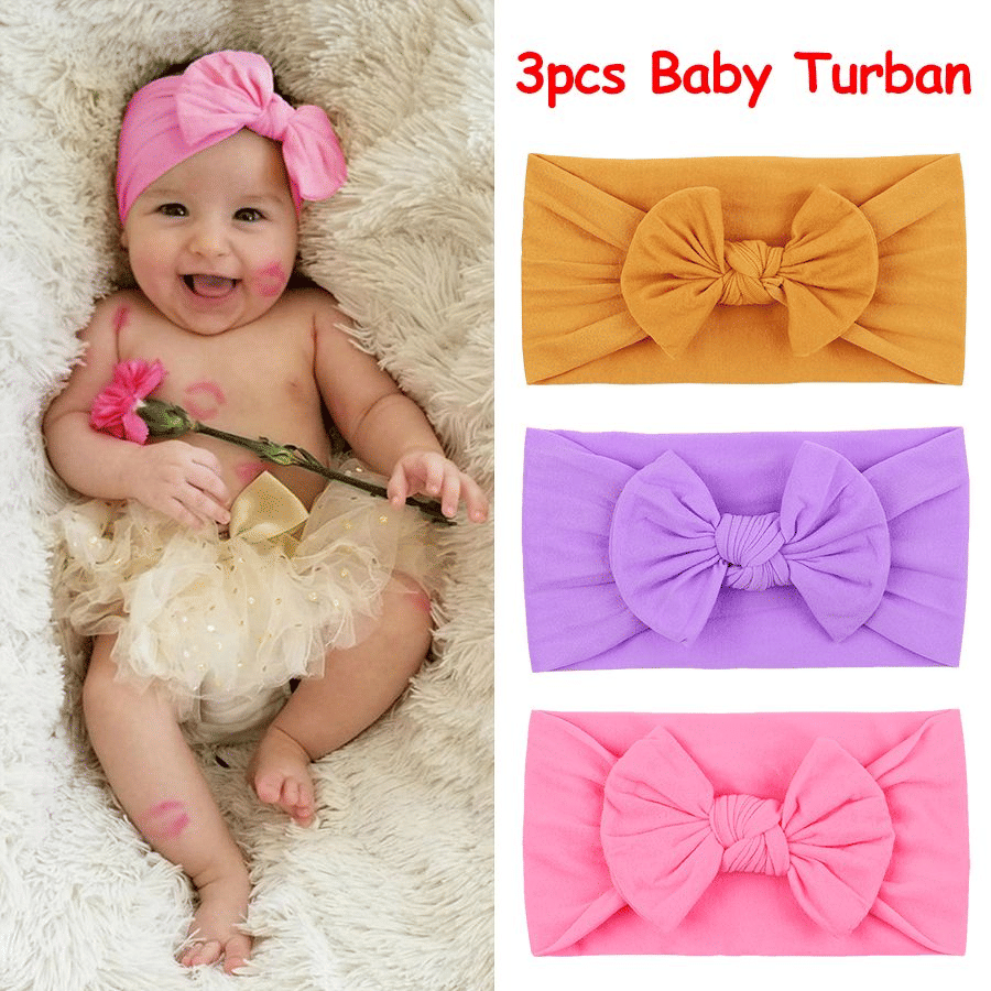 Soft Elastic Nylon Baby Headbands Turban Headwraps with Bows (3-Pack)