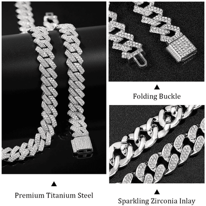 Men's Iced Miami Cuban Link Chain Necklace - Prong Faux Diamond Hip Hop Silver