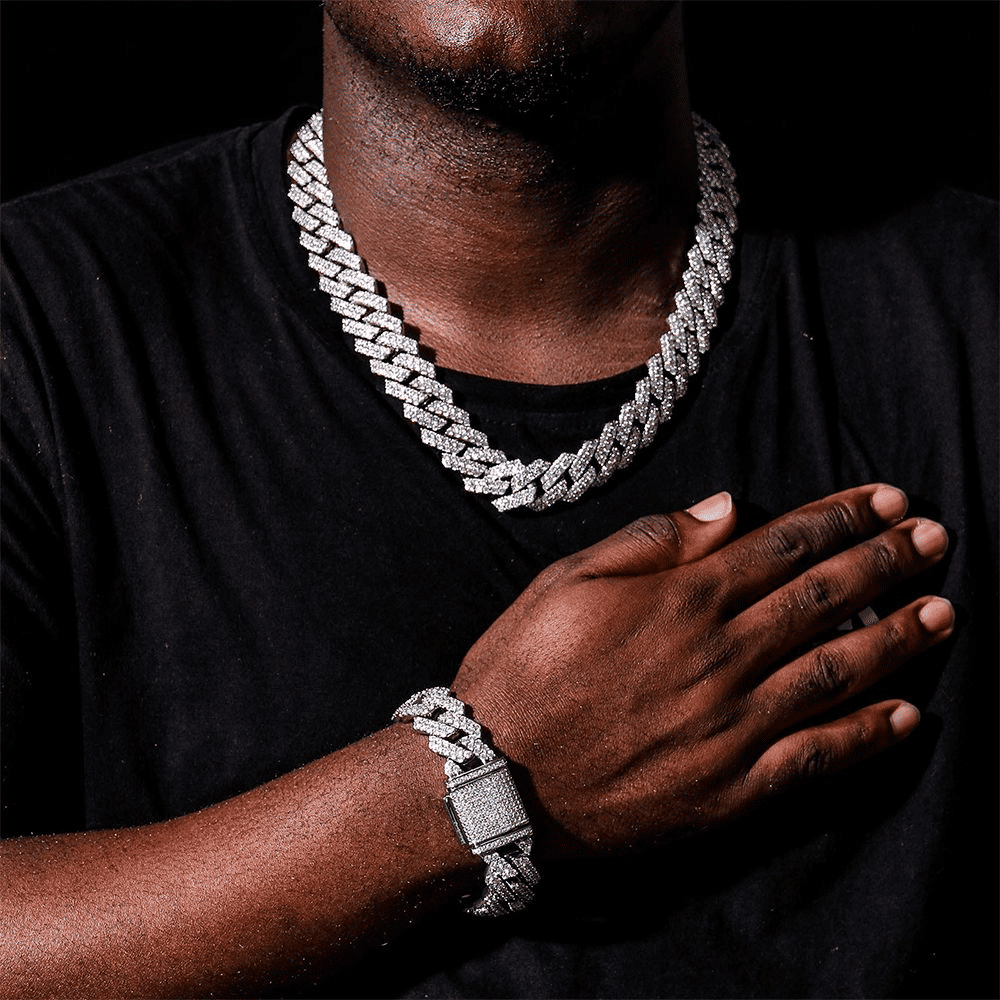 Men's Iced Miami Cuban Link Chain Necklace - Prong Faux Diamond Hip Hop Silver