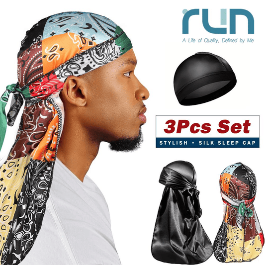 Premium 3-Piece Silky Durag Set: Long Tail Headwrap for Perfect 360 Waves