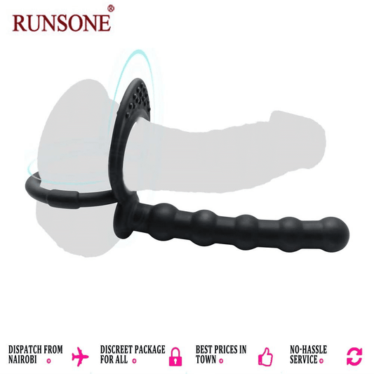 Premium Silicone Anal Beads Butt Plug with Cock Ring Strap, Dual Stimulator Dildo