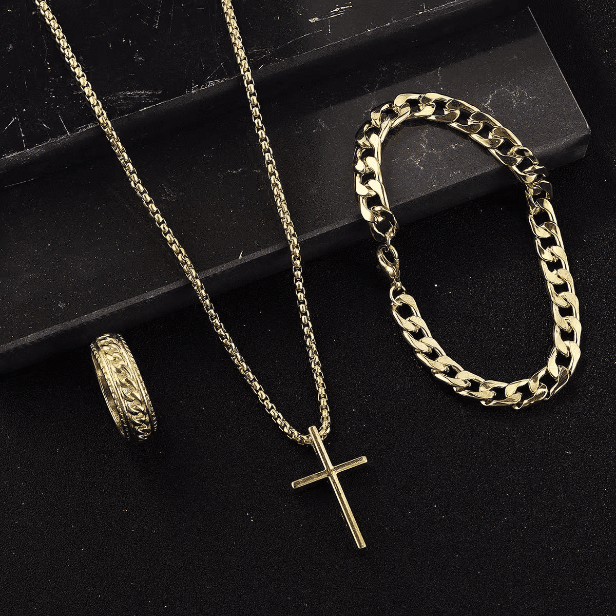 Men's 3-Piece Titanium Steel Cross Jewelry Set - Necklace, Ring, Bracelet