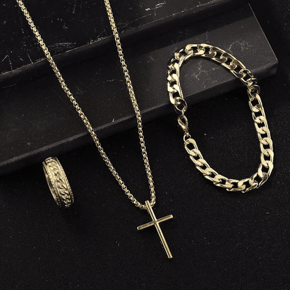 Men's 3-Piece Titanium Steel Cross Jewelry Set - Necklace, Ring, Bracelet