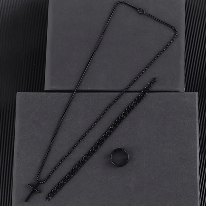 Men's 3-Piece Titanium Steel Cross Jewelry Set - Necklace, Ring, Bracelet
