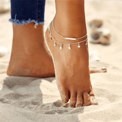MMSHOP Women's Double-Layer Pentagram Beach Anklet Chain - Fashionable Silver Alloy