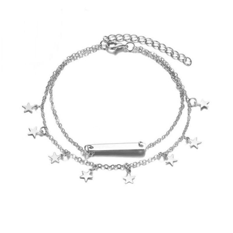 MMSHOP Women's Double-Layer Pentagram Beach Anklet Chain - Fashionable Silver Alloy