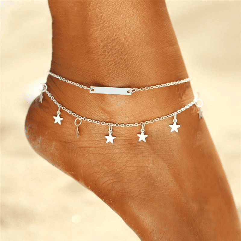 MMSHOP Women's Double-Layer Pentagram Beach Anklet Chain - Fashionable Silver Alloy