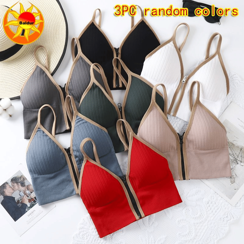 Baldur 3-Pack Women's Deep V-Zipper Sports Bra - Wireless Comfort