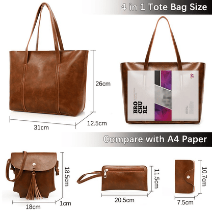 Elegant 4-in-1 Ladies PU Leather Handbag Set: Waterproof Tote & Crossbody Bags