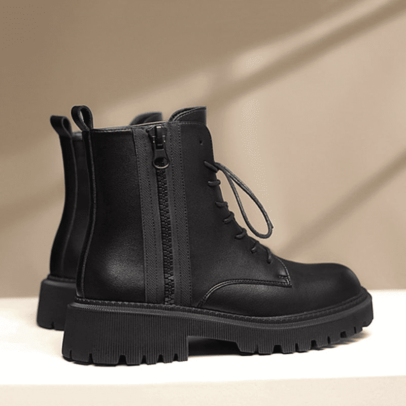 SXCHEN Women's Soft Leather Martin Ankle Boots - Thick-Soled British Combat Style