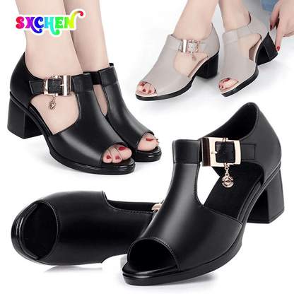 SXCHEN Ladies Roman Fish Mouth Sandals - Versatile Thick Mid-Heel, Comfortable Non-Slip
