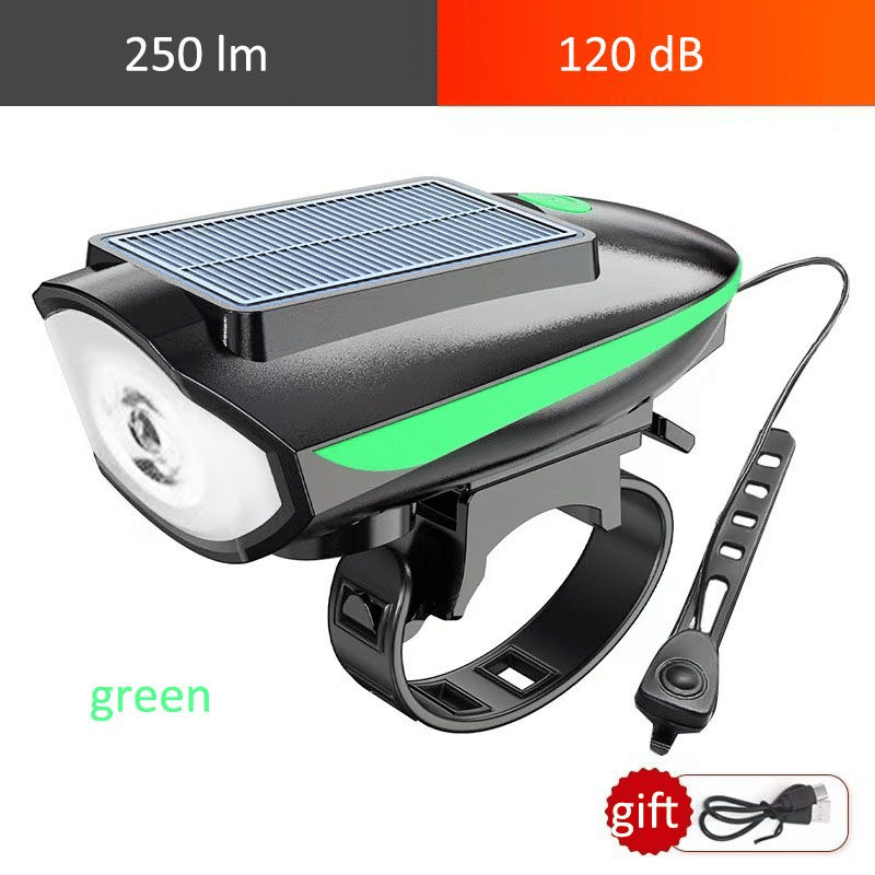 Solar USB Rechargeable LED Bike Light Set - Mountain Cycle Headlight & Taillight with Horn