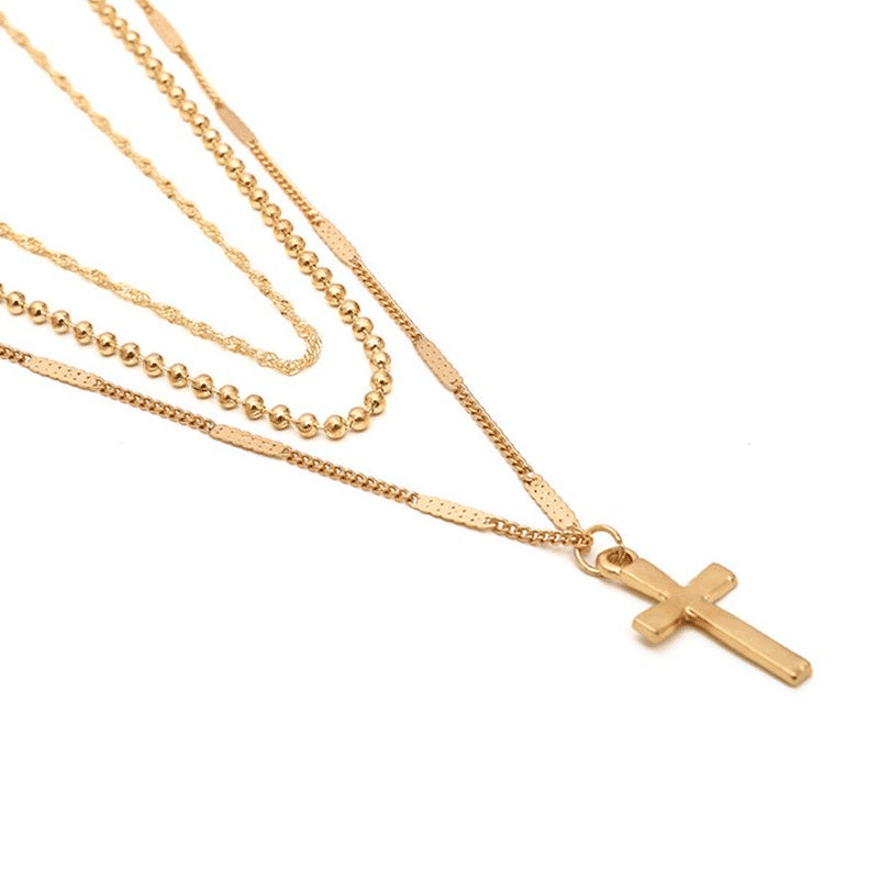 Elegant Gold-Plated Multi-Layer Cross Necklace for Women - Trendy Clavicle Chain