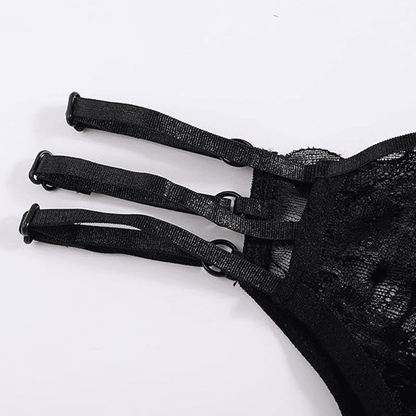 Seductive Black Lace Sequin Suspender Lingerie Set - Three-Piece Silk Nightgown