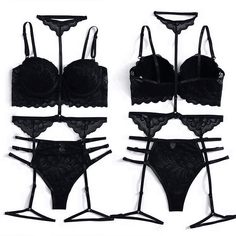 Seductive Black Lace Sequin Suspender Lingerie Set - Three-Piece Silk Nightgown