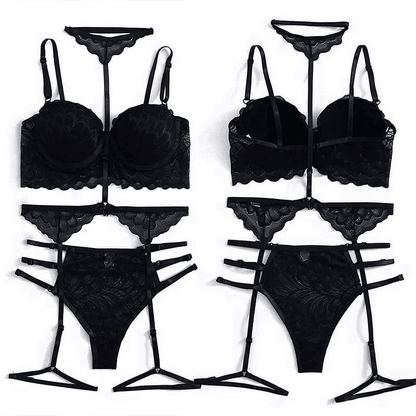Seductive Black Lace Sequin Suspender Lingerie Set - Three-Piece Silk Nightgown
