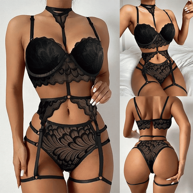 Seductive Black Lace Sequin Suspender Lingerie Set - Three-Piece Silk Nightgown