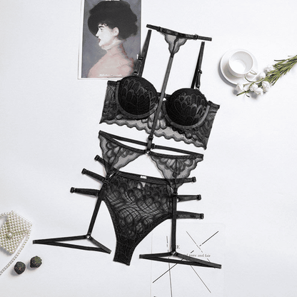 Seductive Black Lace Sequin Suspender Lingerie Set - Three-Piece Silk Nightgown