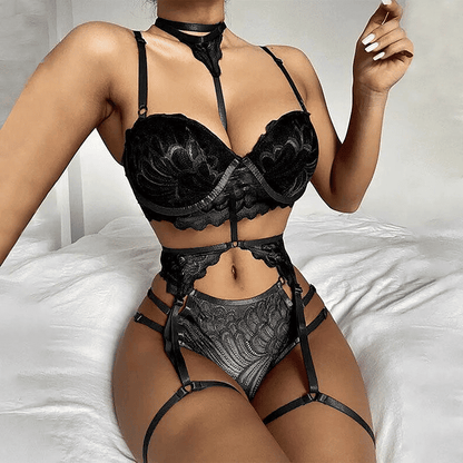 Seductive Black Lace Sequin Suspender Lingerie Set - Three-Piece Silk Nightgown