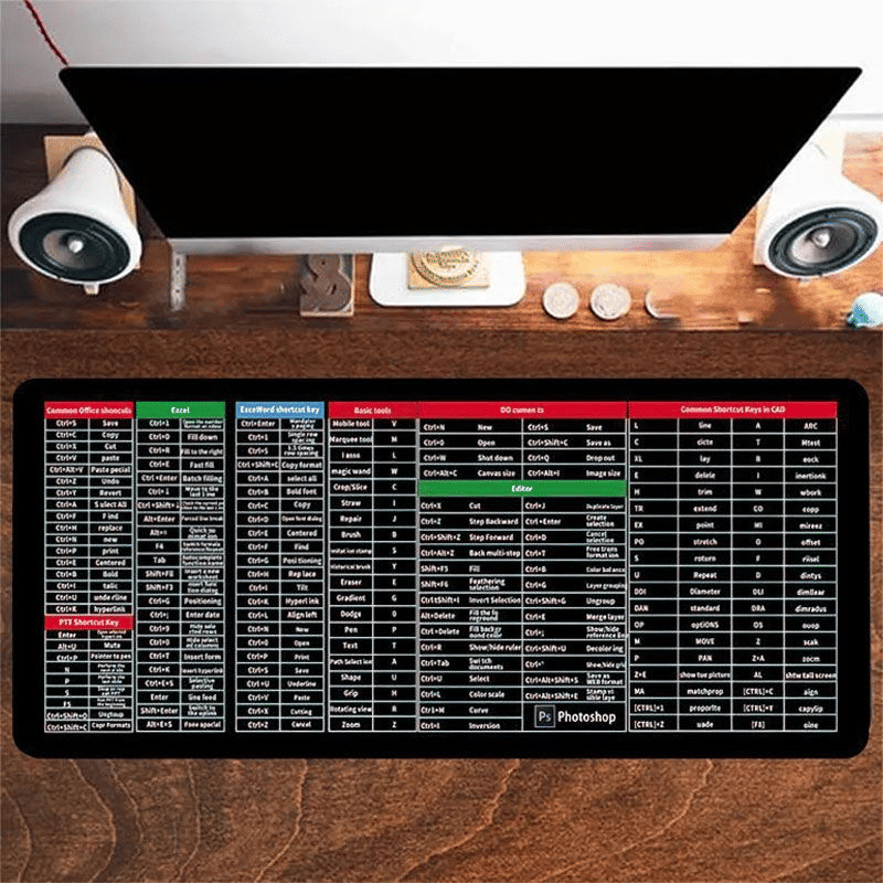 Extra Large Ocean Wave Gaming Desk Mat with English Shortcut Keys, Non-Slip Rubber Base