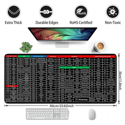 Extra Large Ocean Wave Gaming Desk Mat with English Shortcut Keys, Non-Slip Rubber Base