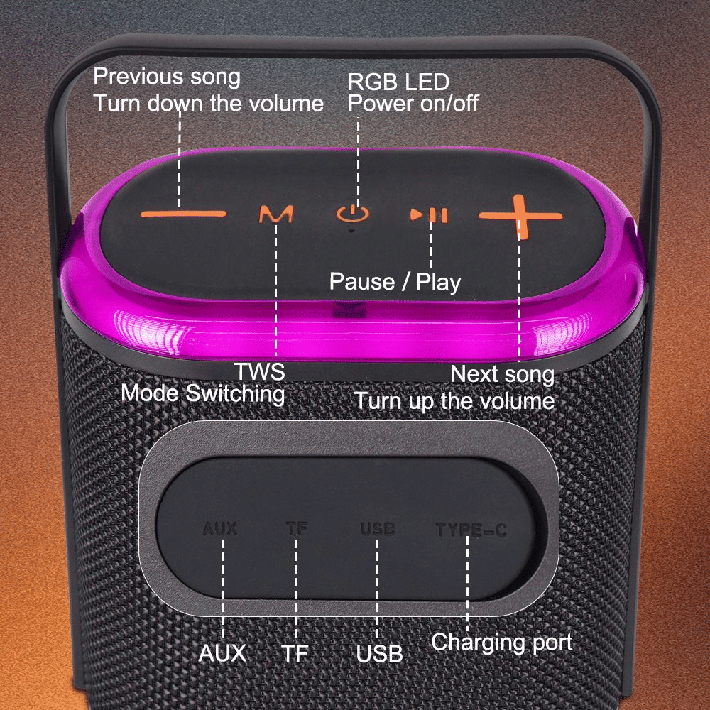 Portable 10W Bluetooth Speaker, Deep Bass, RGB Light Show, TWS Pairing, IPX5
