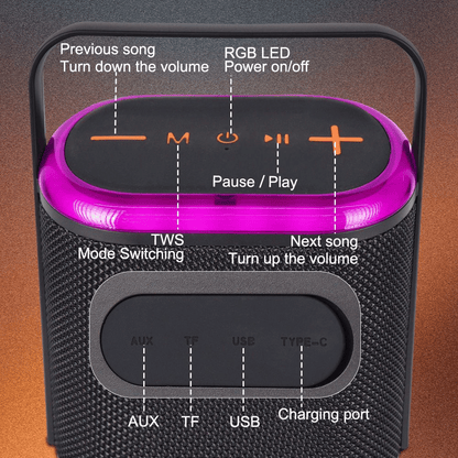 Portable 10W Bluetooth Speaker, Deep Bass, RGB Light Show, TWS Pairing, IPX5