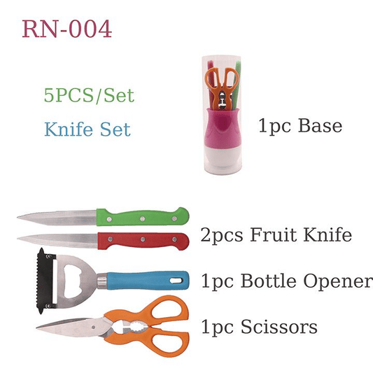 RASHNIK RN-004 5-Piece Stainless Steel Kitchen Knife Set with Storage Base