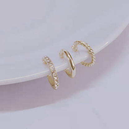 3-Piece Gold C-Shaped Diamond Inlay Ear Cuff Set - No Piercing, Trendy
