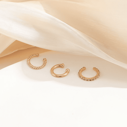 3-Piece Gold C-Shaped Diamond Inlay Ear Cuff Set - No Piercing, Trendy