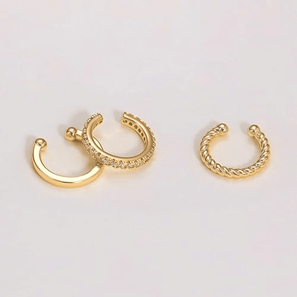 3-Piece Gold C-Shaped Diamond Inlay Ear Cuff Set - No Piercing, Trendy