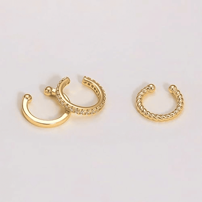 3-Piece Gold C-Shaped Diamond Inlay Ear Cuff Set - No Piercing, Trendy