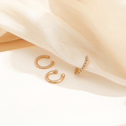 3-Piece Gold C-Shaped Diamond Inlay Ear Cuff Set - No Piercing, Trendy