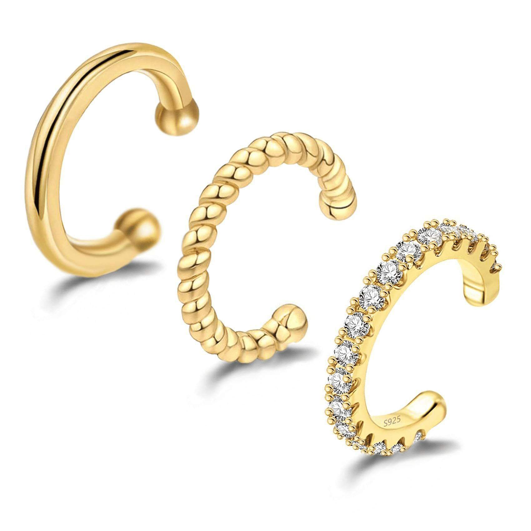 3-Piece Gold C-Shaped Diamond Inlay Ear Cuff Set - No Piercing, Trendy