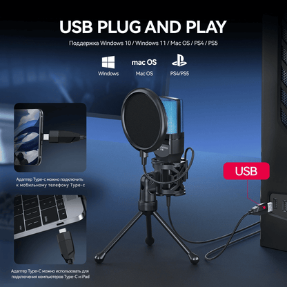 RGB USB Condenser Microphone for Gaming & Streaming - Intelligent Noise Reduction
