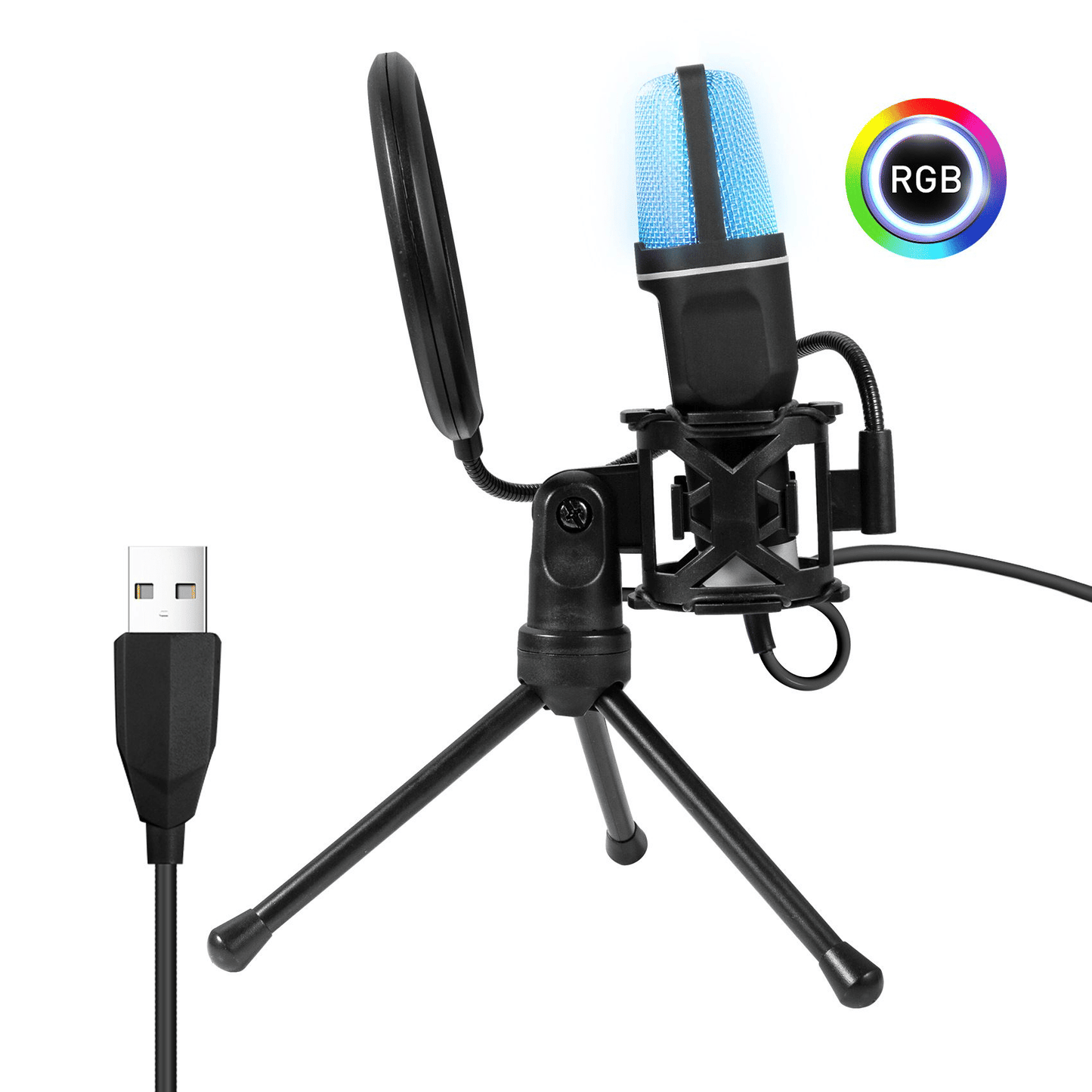 RGB USB Condenser Microphone for Gaming & Streaming - Intelligent Noise Reduction