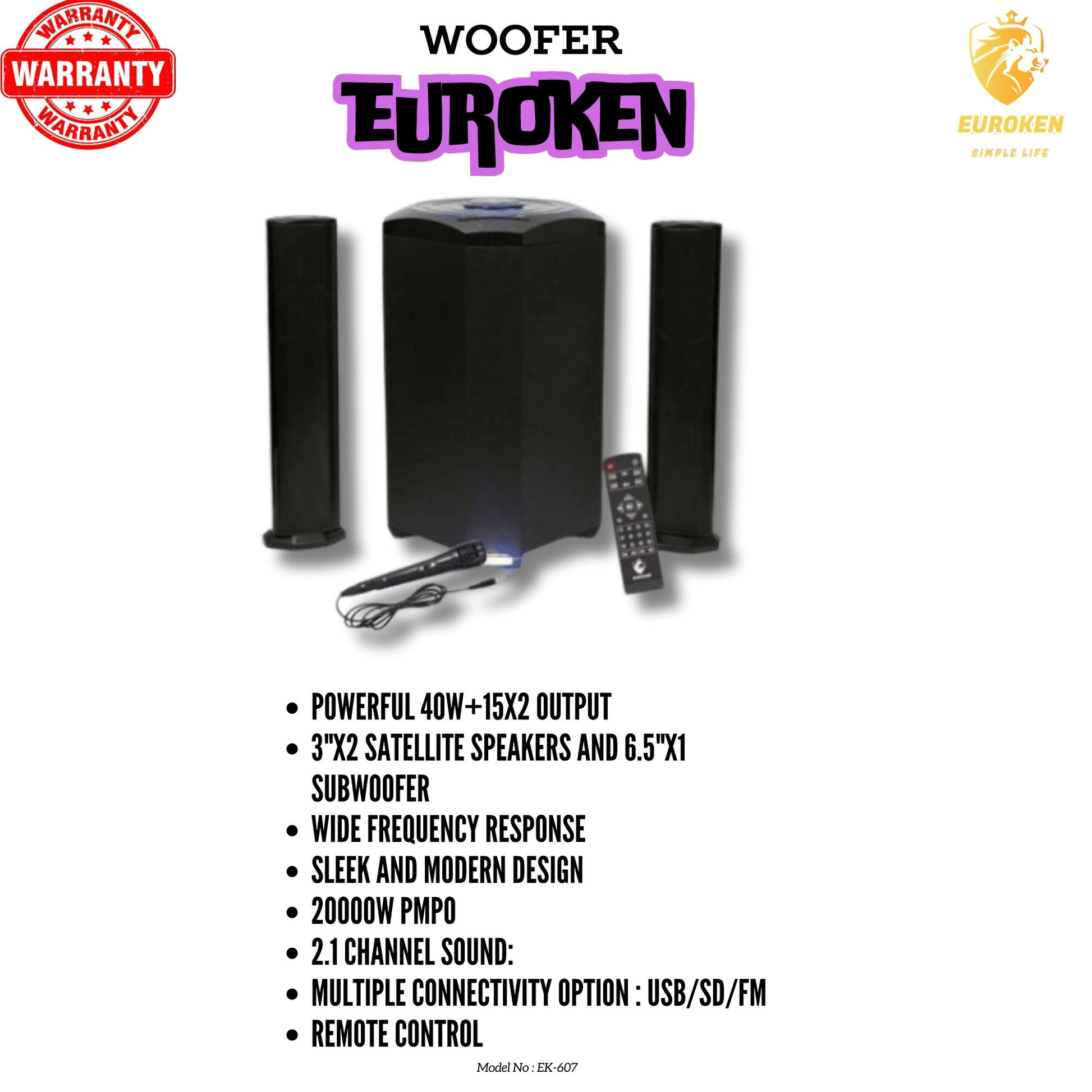 EUROKEN MTUNGI EK-607 2.1CH 20000 PMPO Bluetooth Home Theater System