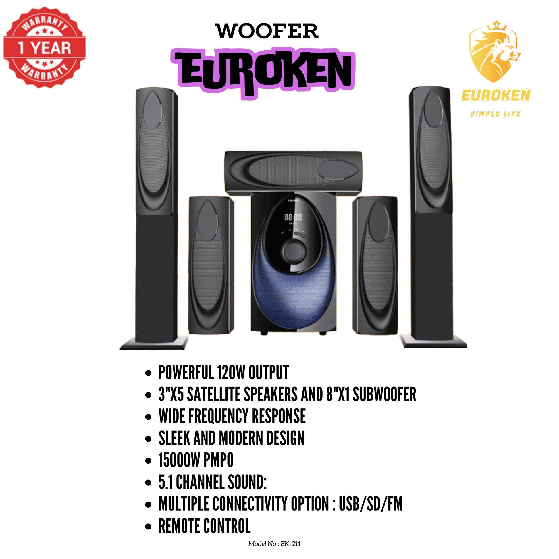 Euroken EK-211 Tall Boy 5.1 Home Theatre System 12000W PMPO Bluetooth FM USB SD
