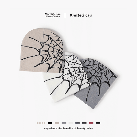 Gothic Spider Web Jacquard Beanie: Y2K Knitted Warm Hip Hop Cap