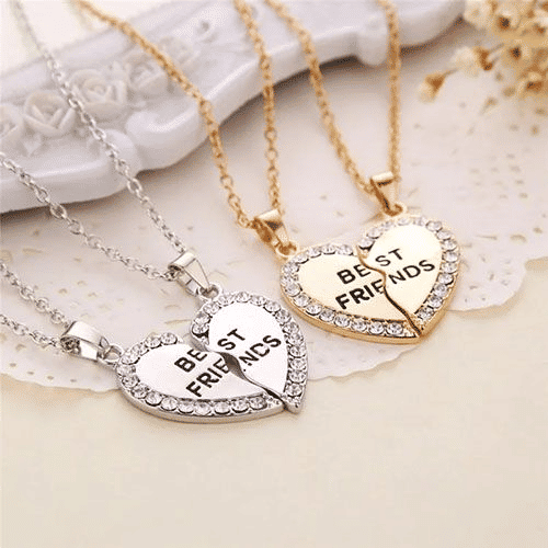 Elegant Zircon Inlaid Heart Best Friends Necklace Set - Silver Alloy Pendant Jewelry
