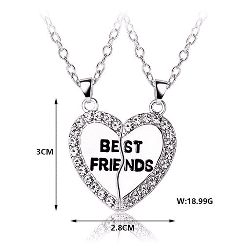 Elegant Zircon Inlaid Heart Best Friends Necklace Set - Silver Alloy Pendant Jewelry