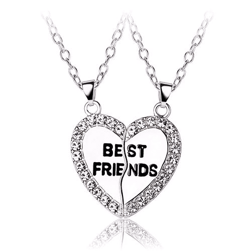 Elegant Zircon Inlaid Heart Best Friends Necklace Set - Silver Alloy Pendant Jewelry