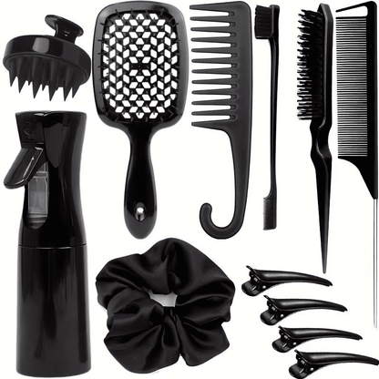 12-Piece Professional Hair Styling Comb Set: Detangling, Teasing, Scalp Massager, Spray Bottle